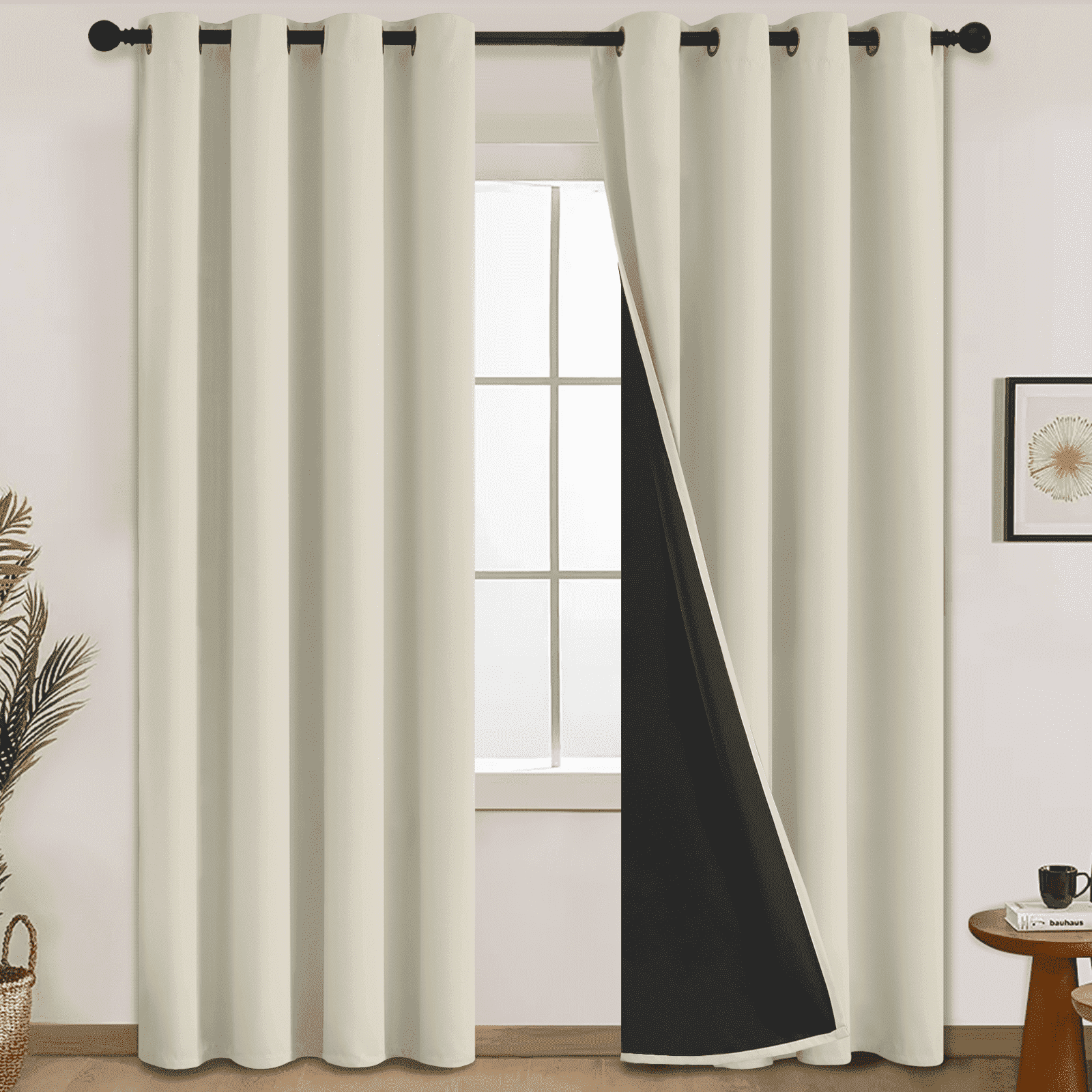 Yakamok 100% Cream Blackout Curtains for Bedroom, Light Blocking Thermal Insulated Noise Reducing Blackout Drapes for Living Room(52Wx84L, 2 Panels)