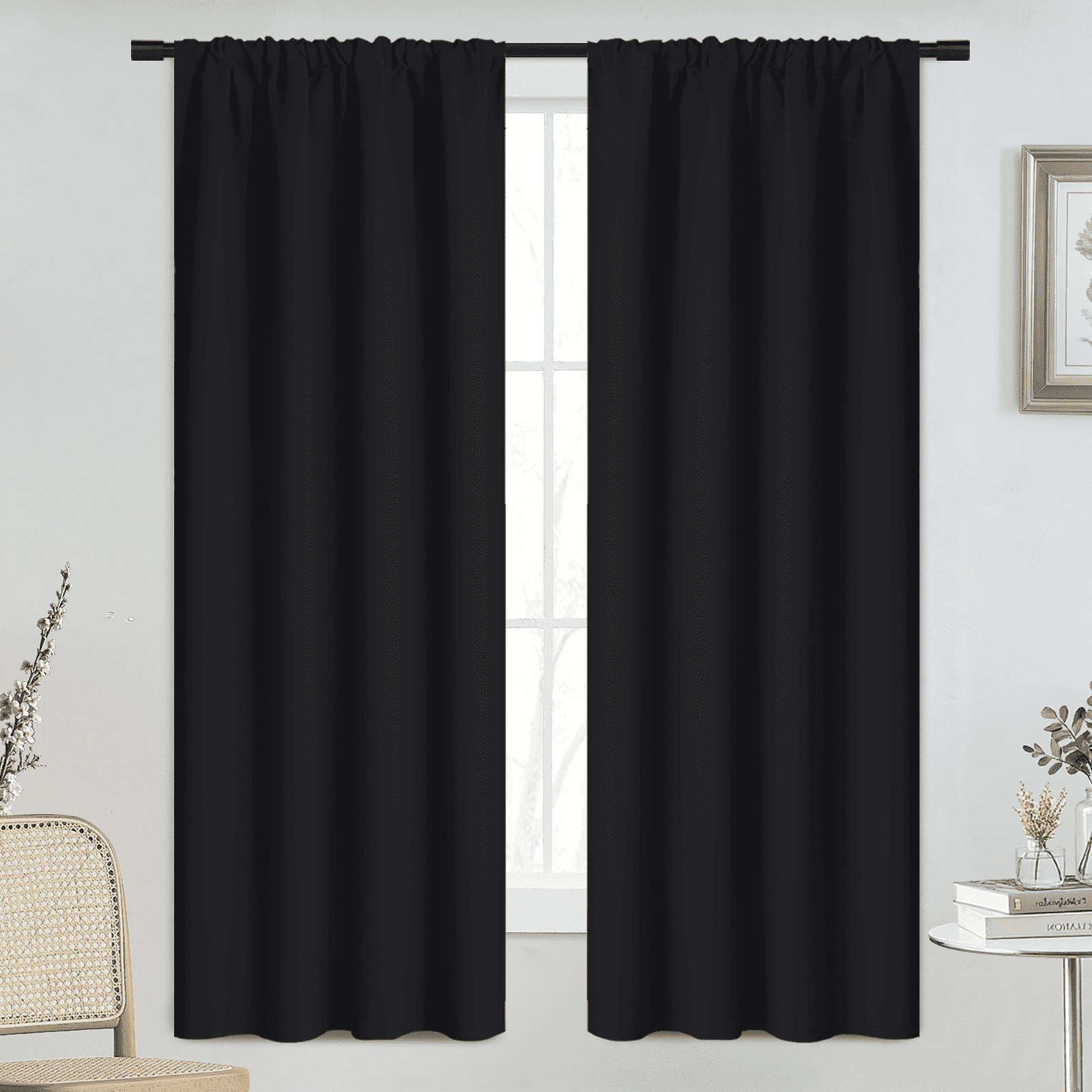Yakamok 63 Inches Long Blackout Curtains for Windows - 2 Panels Blackout Window Drapes for Basement with Rod Pocket (Black,Width 38 by Length 63)