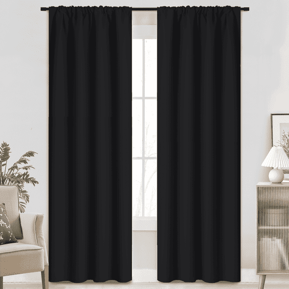 Yakamok 84 Inches Long Blackout Curtain Valances for Windows - 2 Panels Blackout Window Drapes for Basement with Rod Pocket (Black,Width 38 by Length 84)