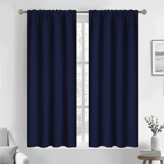 Yakamok 45 Inches Long Blackout Curtain Valances for Windows - 2 Panels Blackout Window Drapes for Basement with Rod Pocket (Navy,Width 38 by Length 45)