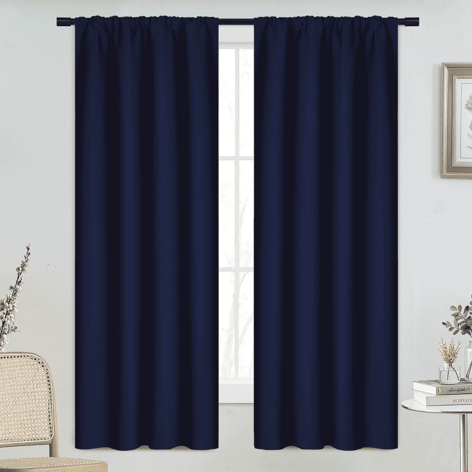 Yakamok 63 Inches Long Blackout Curtain Valances for Windows - 2 Panels Blackout Window Valances for Basement with Rod Pocket (Navy,Width 38 by Length 63)
