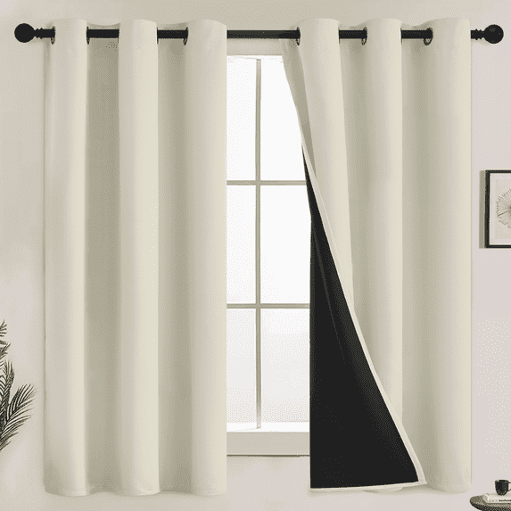 Yakamok 63 Inch Length 100% Blackout Curtains for Bedroom, 2 Thick Layers Thermal Insulated Grommet Total Blackout Drapes with Black Liner for Living Room (42Wx63L,Cream, 2 Panels)
