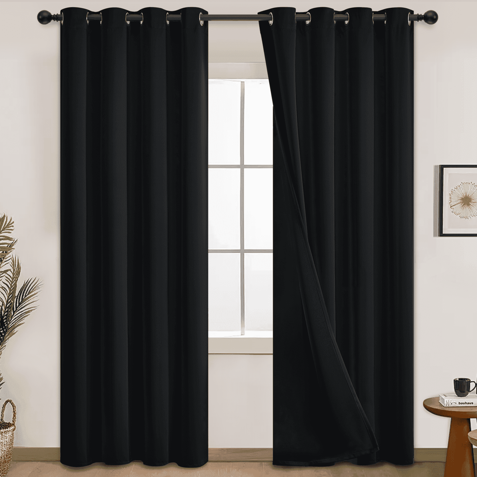 Yakamok 84 Inch Length 100% Blackout Curtains for Bedroom, 2 Thick Layers Thermal Insulated Grommet Total Blackout Drapes with Black Liner for Living Room (52Wx84L,Black, 2 Panels)