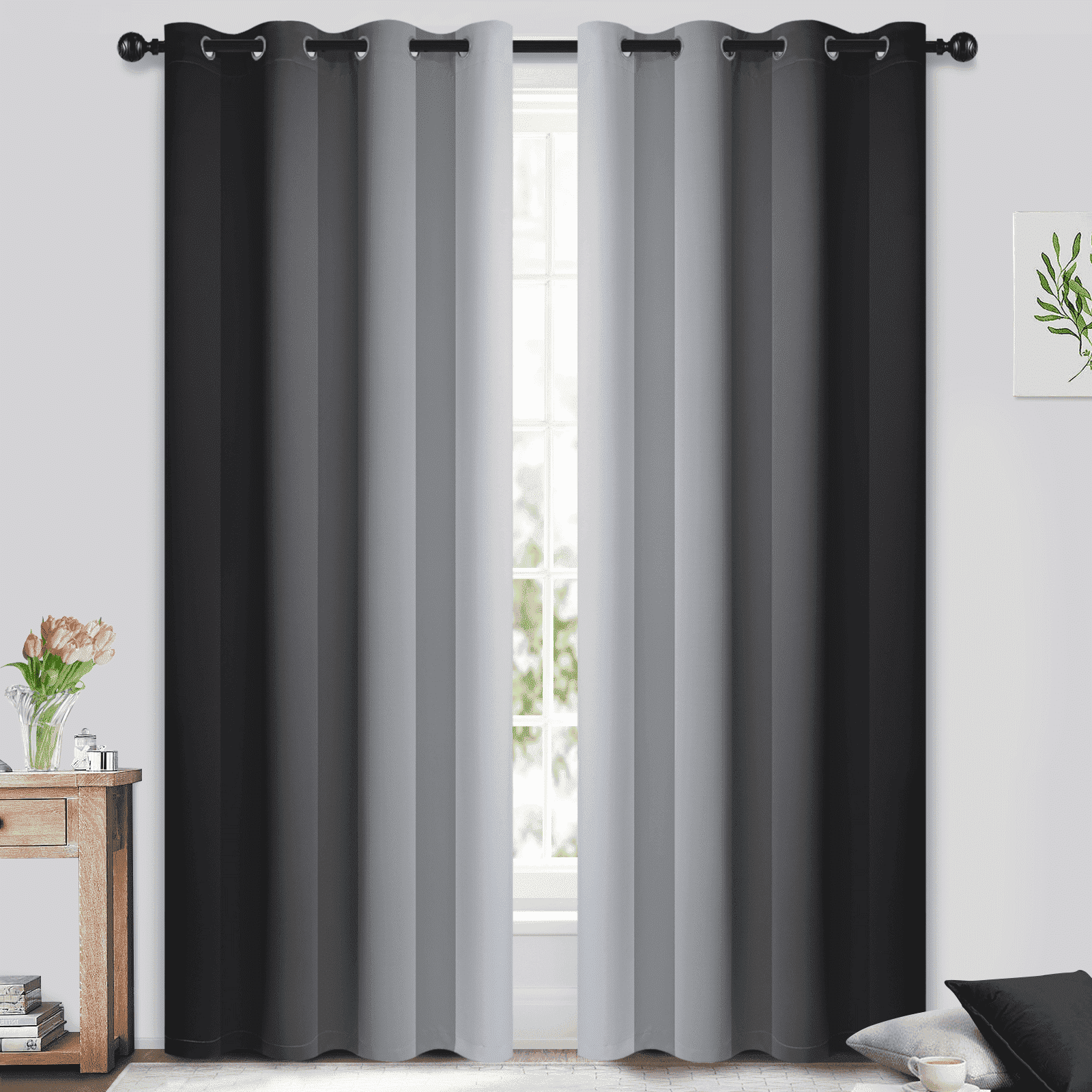 Yakamok Black Curtain for Bedroom/Living Room Blackout,Ombre Curtains Grommet Light Blocking Room Darkening Window Drapes 2 Panels,52x84 inches