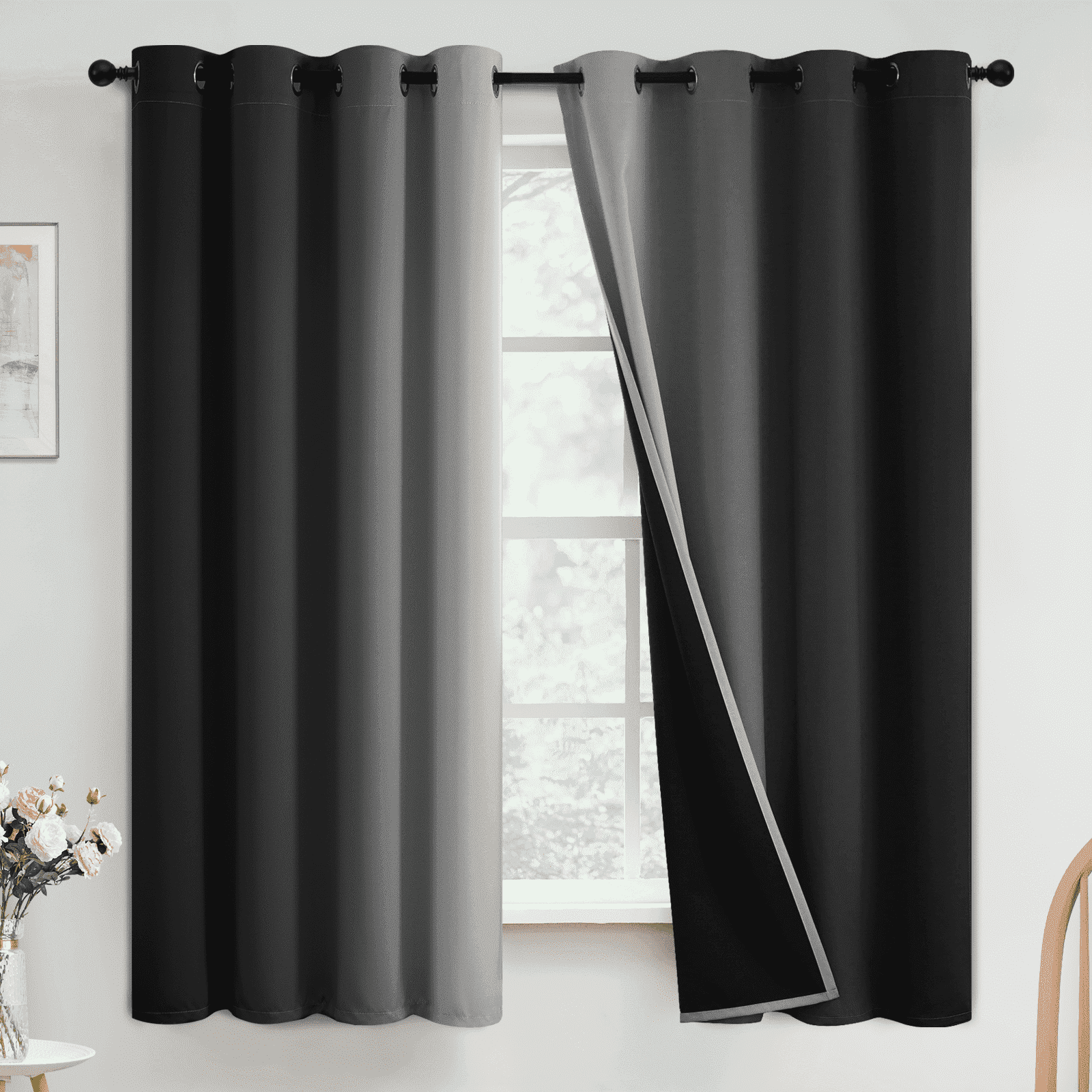 Yakamok Black Ombre Floral Grommet Blackout Curtain Sets, 52 x 63 in (2 Panels)