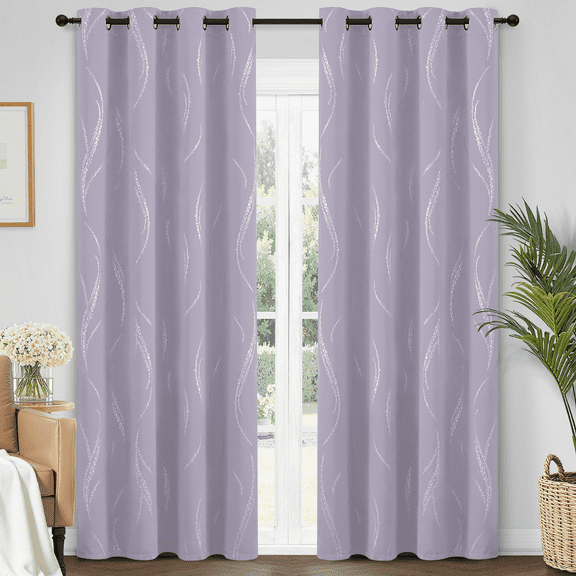Yakamok Blackout Curtains for Livingroom - Wave Line with Dots Silver Print Design Noise Reducing Thermal Insulated Ring Top Blackout Window Drapes for Livingroom (2 Panels, 52 x 84Inch, Lilac)