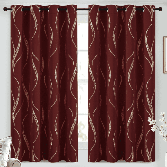 Yakamok Blackout Curtains for bedroom - Wave Line with Dots Gold Print Design Noise Reducing Thermal Insulated Solid Ring Top Blackout Window Drapes for Livingroom (2 Panels, 52 x 63 Inch, Burgundy)