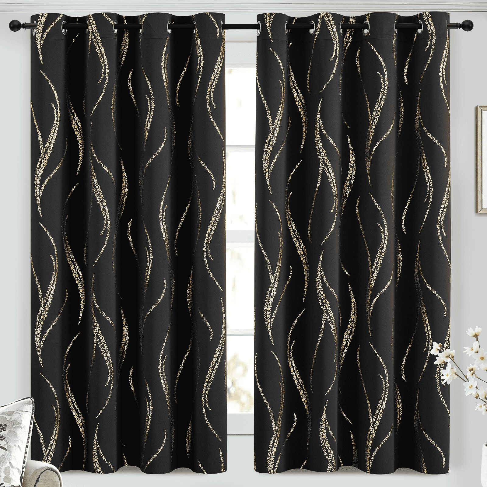 Yakamok Blackout Curtains for bedroom - Wave Line with Dots Gold Print Design Noise Reducing Thermal Insulated Solid Ring Top Blackout Window Drapes for Livingroom (2 Panels, 52 x 63 Inch, Black)