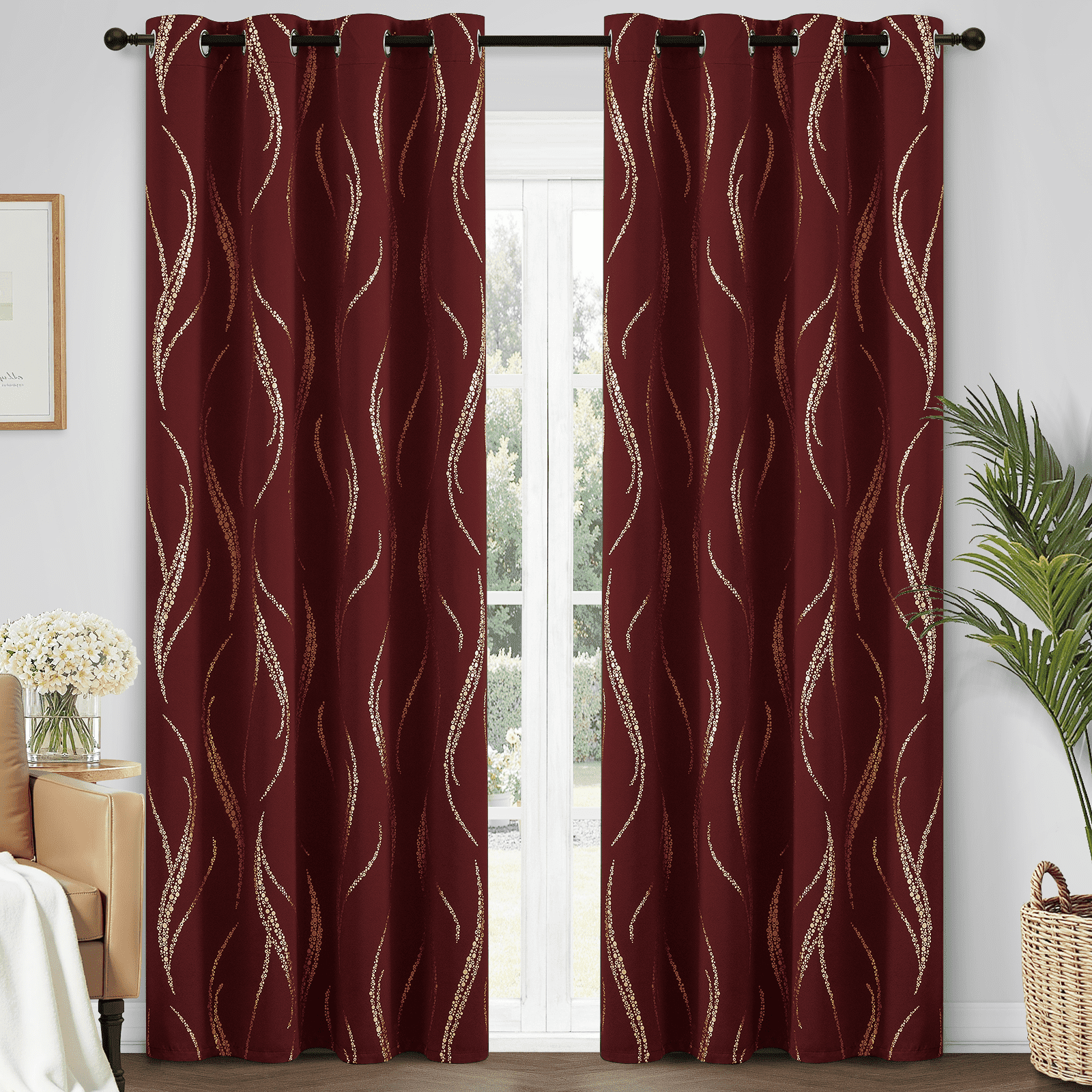 Yakamok Blackout Curtains for bedroom - Wave Line with Dots Gold Print Design Noise Reducing Thermal Insulated Solid Ring Top Blackout Window Drapes for Livingroom (2 Panels, 52 x 84 Inch, Burgundy)