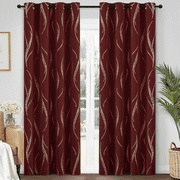 Yakamok Blackout Curtains for bedroom - Wave Line with Dots Gold Print Design Noise Reducing Thermal Insulated Solid Ring Top Blackout Window Drapes for Livingroom 2 Panels, 52 x 84 Inch, Burgundy