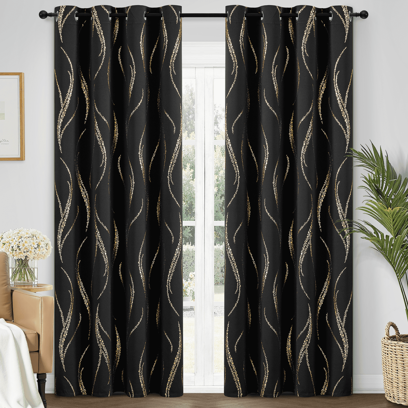 Yakamok Blackout Curtains for bedroom - Wave Line with Dots Gold Print Design Noise Reducing Thermal Insulated Solid Ring Top Blackout Window Drapes for Livingroom (2 Panels, 52 x 84 Inch, Black)