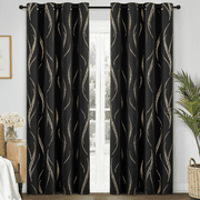 Yakamok Blackout Curtains for bedroom - Wave Line with Dots Gold Print Design Noise Reducing Thermal Insulated Solid Ring Top Blackout Window Drapes for Livingr
