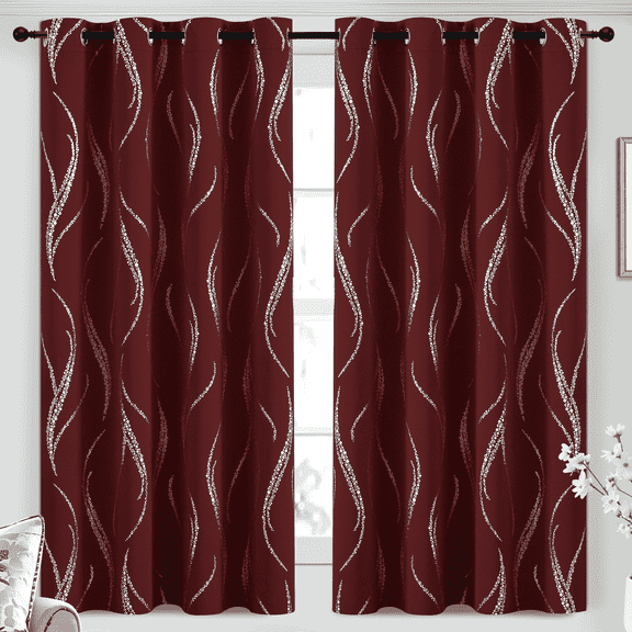 Yakamok Blackout Curtains for bedroom - Wave Line with Dots Silver Print Design Noise Reducing Thermal Insulated Ring Top Blackout Window Drapes for Livingroom (2 Panels, 52 x 63Inch, Burgundy)