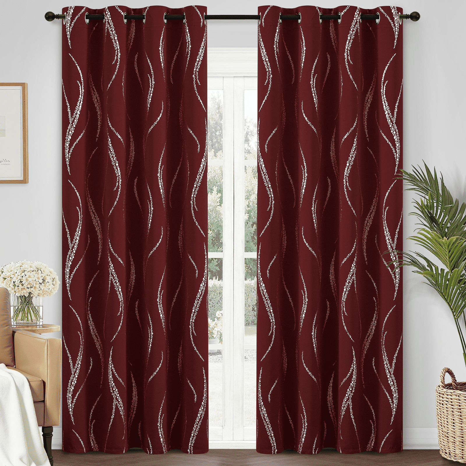 Yakamok Blackout Curtains for bedroom - Wave Line with Dots Silver Print Design Noise Reducing Thermal Insulated Ring Top Blackout Window Drapes for Livingroom (2 Panels, 52 x 84Inch, Burgundy)