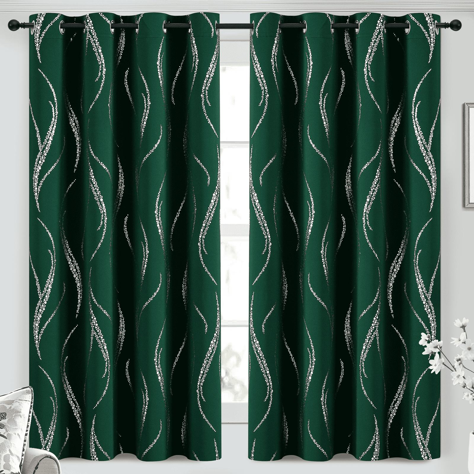 Yakamok Blackout Curtains for bedroom, Wave Line with Dots Silver Print Design Noise Reducing Thermal Insulated Ring Top Blackout Window Drapes for Livingroom(2 Panels, 52 x 63 Inch, Emerald Green)