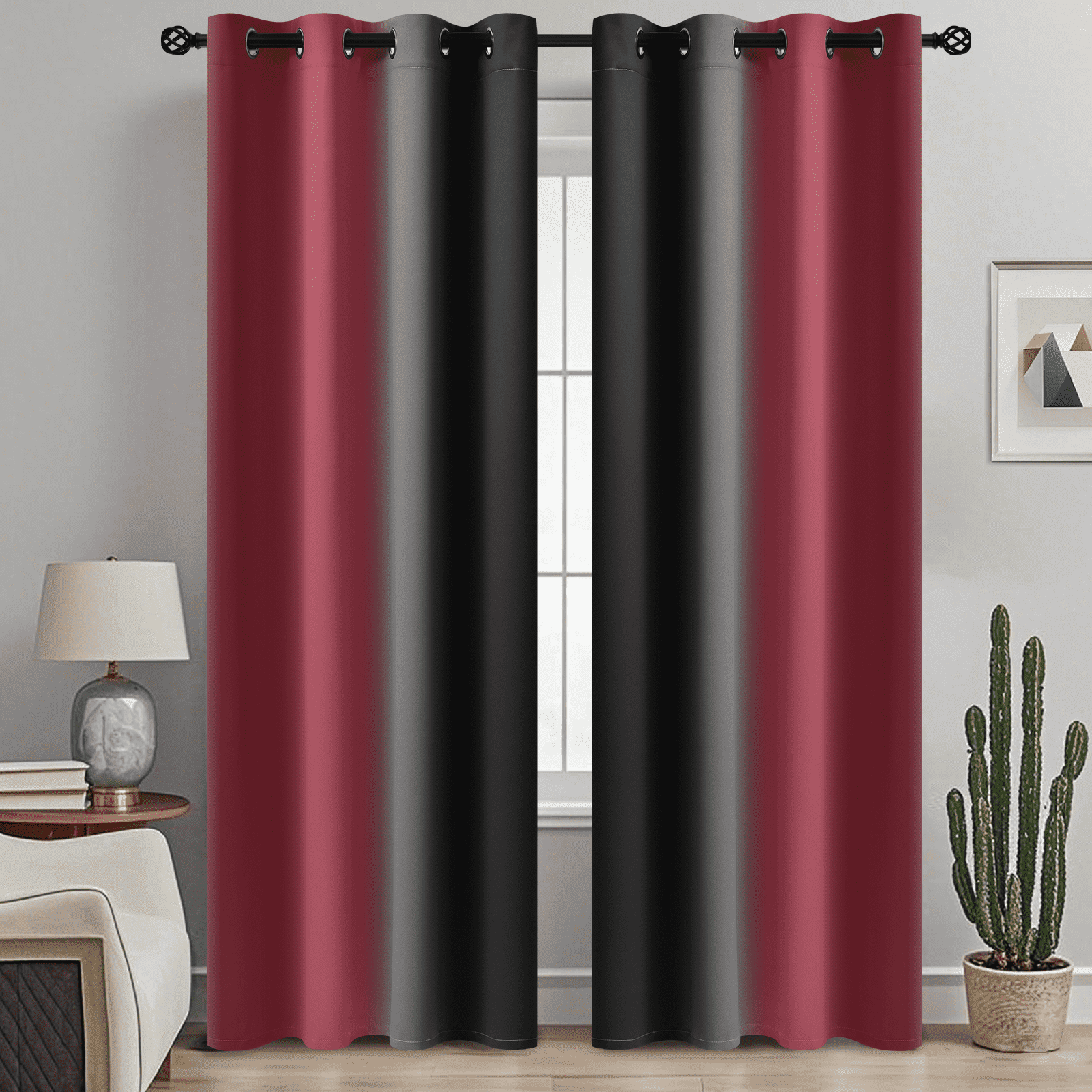 Yakamok Blackout Ombre Burgundy and Black Curtains for Bedroom, Gradient Room Darkening Curtains, Grommet Thermal Insulated Light Blocking Window Drapes/Curtain for Living Room,52 x 84 Inch,2 Panels