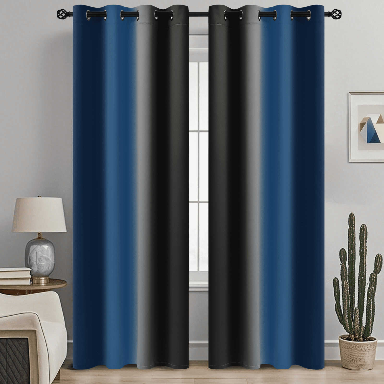Yakamok Blackout Ombre Dark Blue and Black Curtains for Bedroom, Gradient Room Darkening Curtains, Grommet Thermal Insulated Light Blocking Window Drapes/Curtain for Living Room,52 x 84 Inch,2 Panels