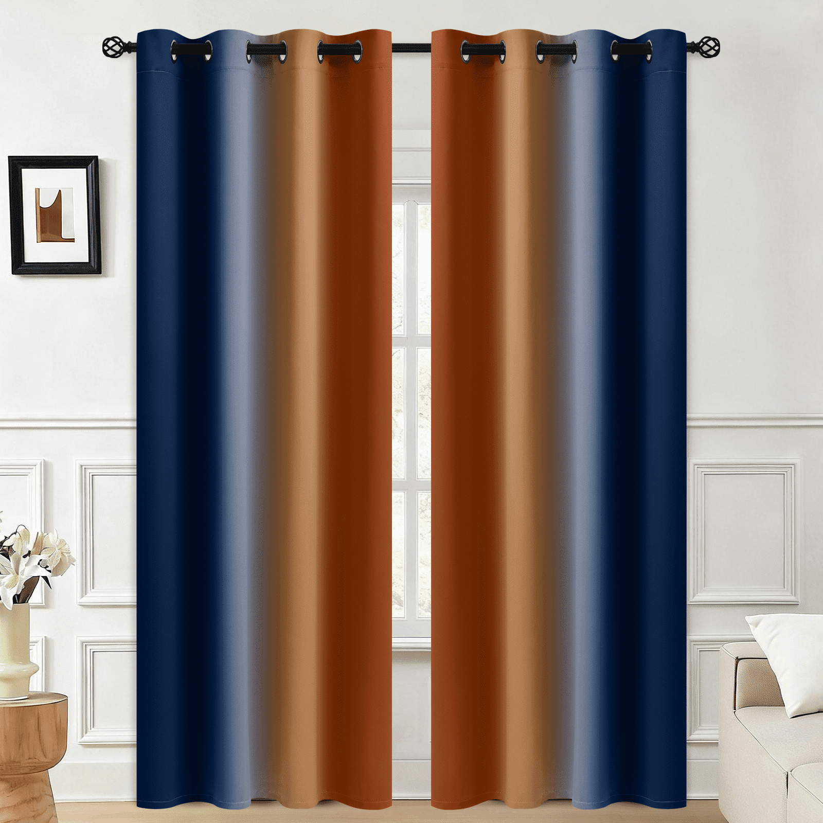 Yakamok Blackout Ombre Dark Blue and Burnt Orange Curtains for Bedroom, Gradient Room Darkening Curtains, Grommet Thermal Insulated Light Blocking Window Curtain for Living Room,52 x 84 Inch,2 Panels