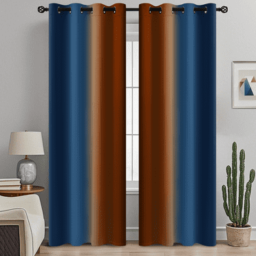 Yakamok Blackout Ombre Dark Blue and Burnt Orange Curtains for Bedroom, Gradient Room Darkening Curtains, Grommet Thermal Insulated Light Blocking Window Curtain for Living Room,52 x 84 Inch,2 Panels