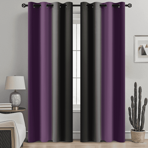 Yakamok Blackout Ombre Purple and Black Curtains for Bedroom, Gradient Room Darkening Curtains, Grommet Thermal Insulated Light Blocking Window Drapes for Living Room,52 x 84 Inch,2 Panels