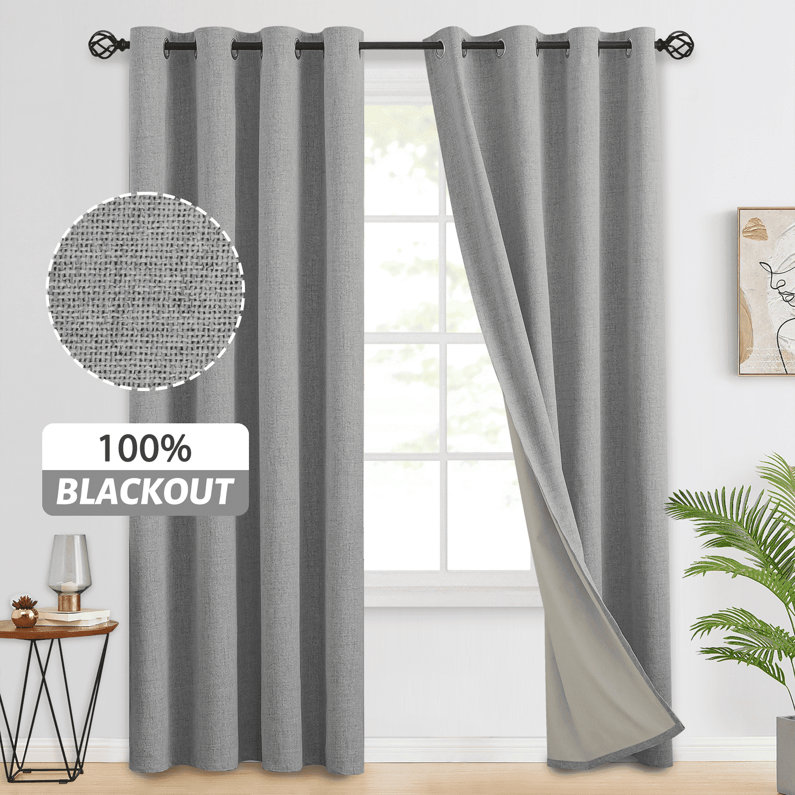 Yakamok Dove Grey Linen Curtains 100% Blackout 84 Inches Long,Room Darkening Textured Curtains for Living Room Thermal Grommet Bedroom Curtains 2 Panels with Greyish White Liner