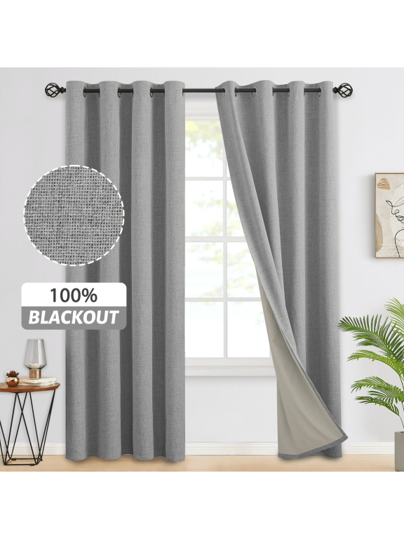 Dove Grey Linen Curtains 100% Blackout 96 Inches Long,Room Darkening Textured Curtains for Living Room Thermal Grommet Bedroom Curtains 2 Panels with Greyish White Liner