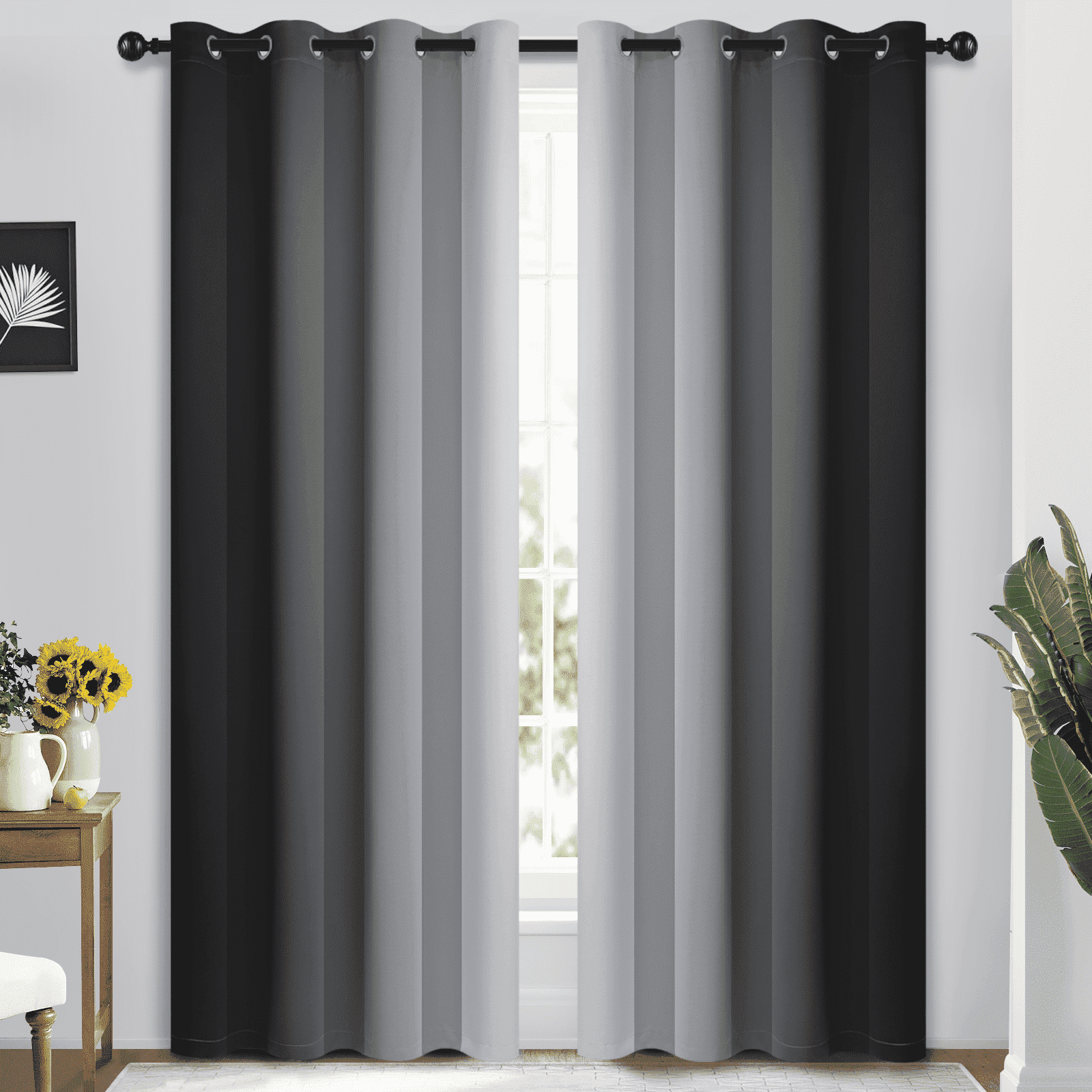 Yakamok Grommet Light Blocking Black Ombre Curtains,Room Darkening Window Drapes for Bedroom/Living Room Blackout, 52x95 inches, 2 Panels