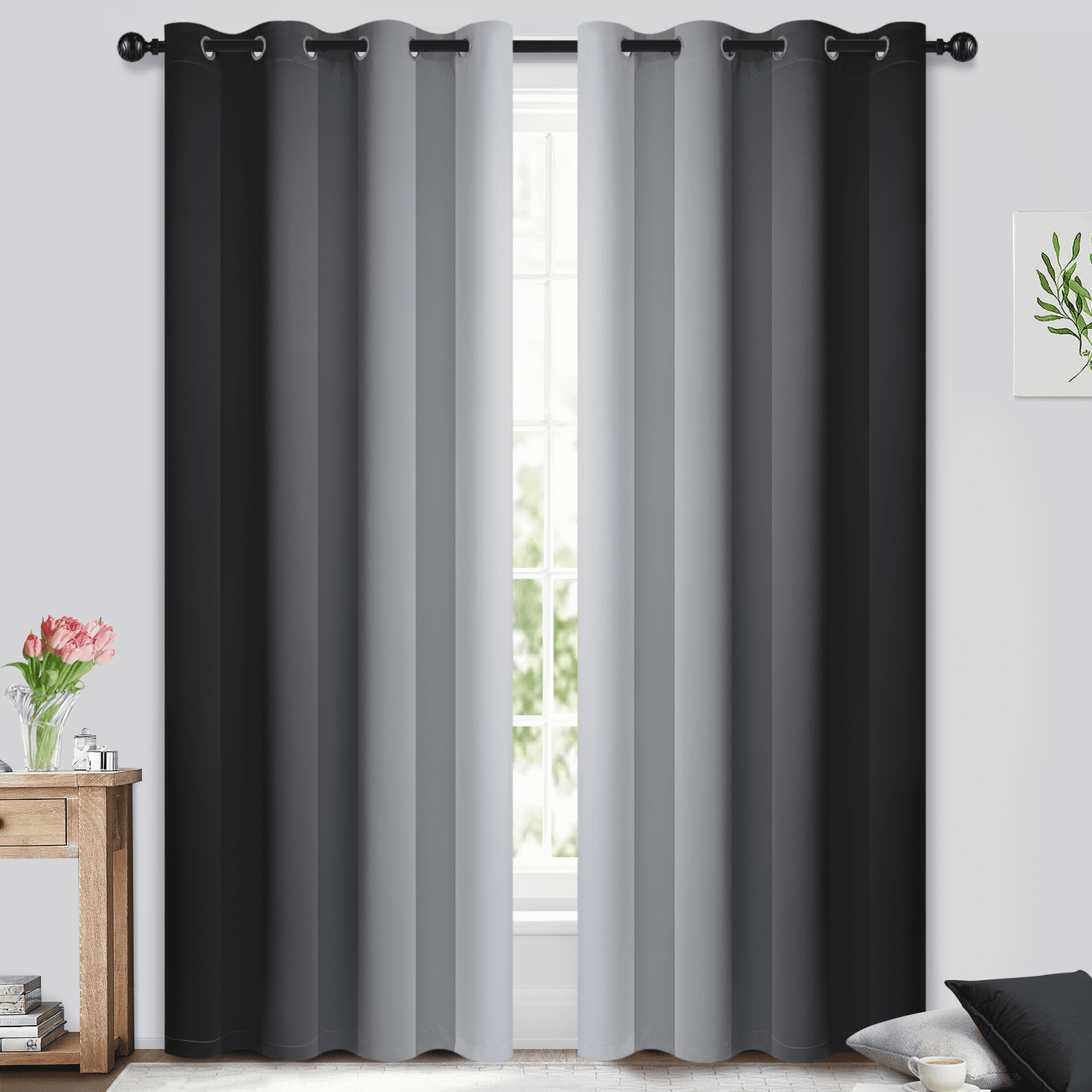 Yakamok Grommet Light Blocking Blackout Ombre Black Curtains for ...
