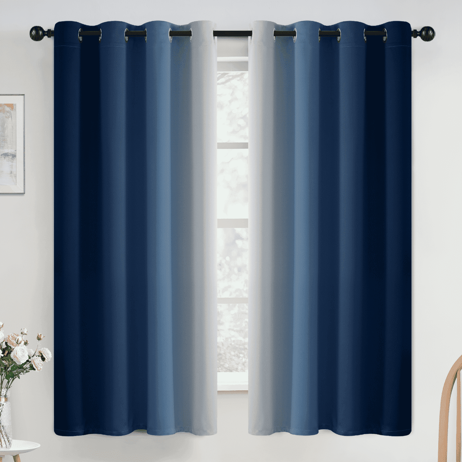 Yakamok Grommet Light Blocking Blackout Ombre Blue Curtains for Bedroom,Room Darkening Window Drapes for Living Room, 52x63 inches, 2 Panels