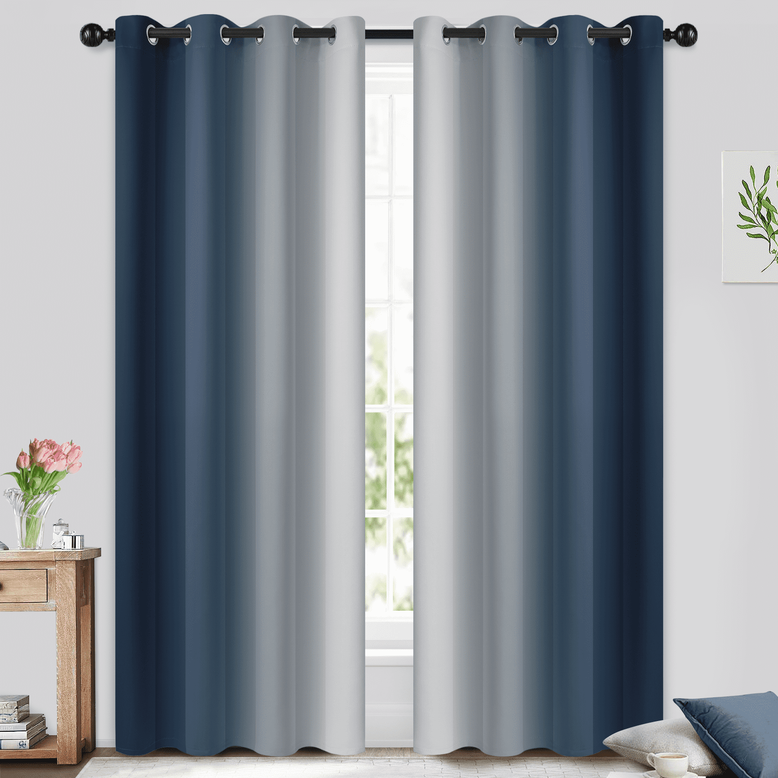 Yakamok Grommet Light Blocking Blackout Ombre Navy Blue Curtains for Bedroom,Room  Darkening Window Drapes for Living Room, 52x95 inches, 2 Panels -  Walmart.com, image size:1600x1600