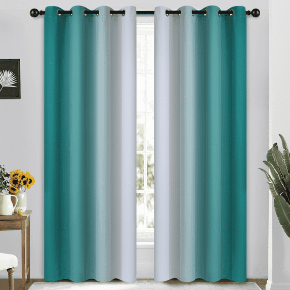 Yakamok Grommet Light Blocking Teal Blackout Ombre Curtains,Room Darkening Window Drapes for Bedroom/Living Room Blackout, 52x84 inches, 2 Panels