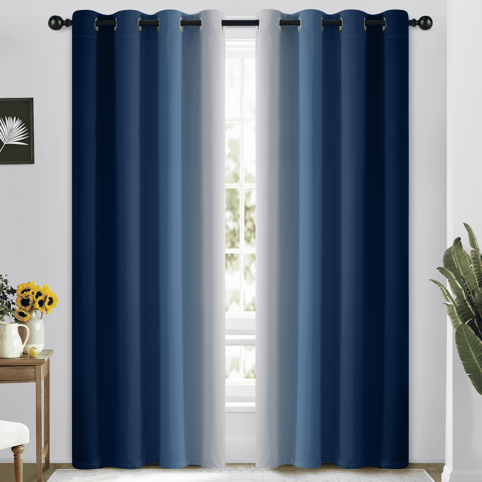 Yakamok Light Blocking Blackout Ombre Blue Curtains for Bedroom,Room Darkening Grommet Window Drapes for Living Room, 52x84 inches, 2 Panels