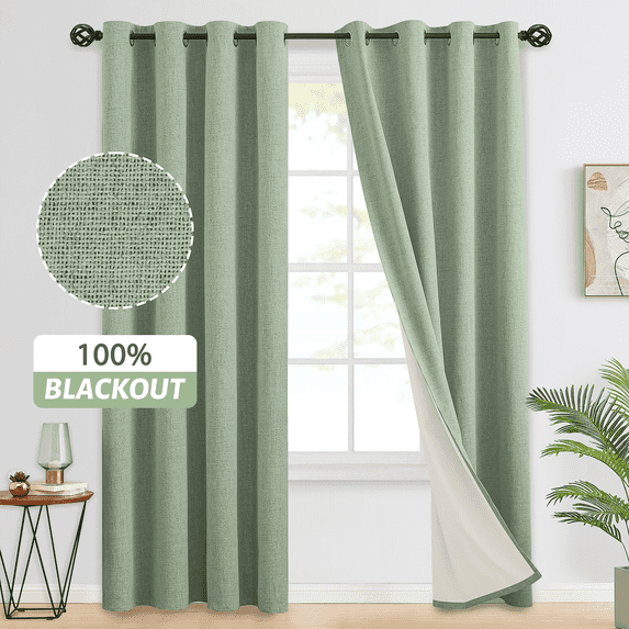 Yakamok Light Sage Green Linen Curtains 100% Blackout 96 Inches Long,Room Darkening Textured Curtains for Living Room Thermal Grommet Bedroom Curtains 2 Panels with Greyish White Liner