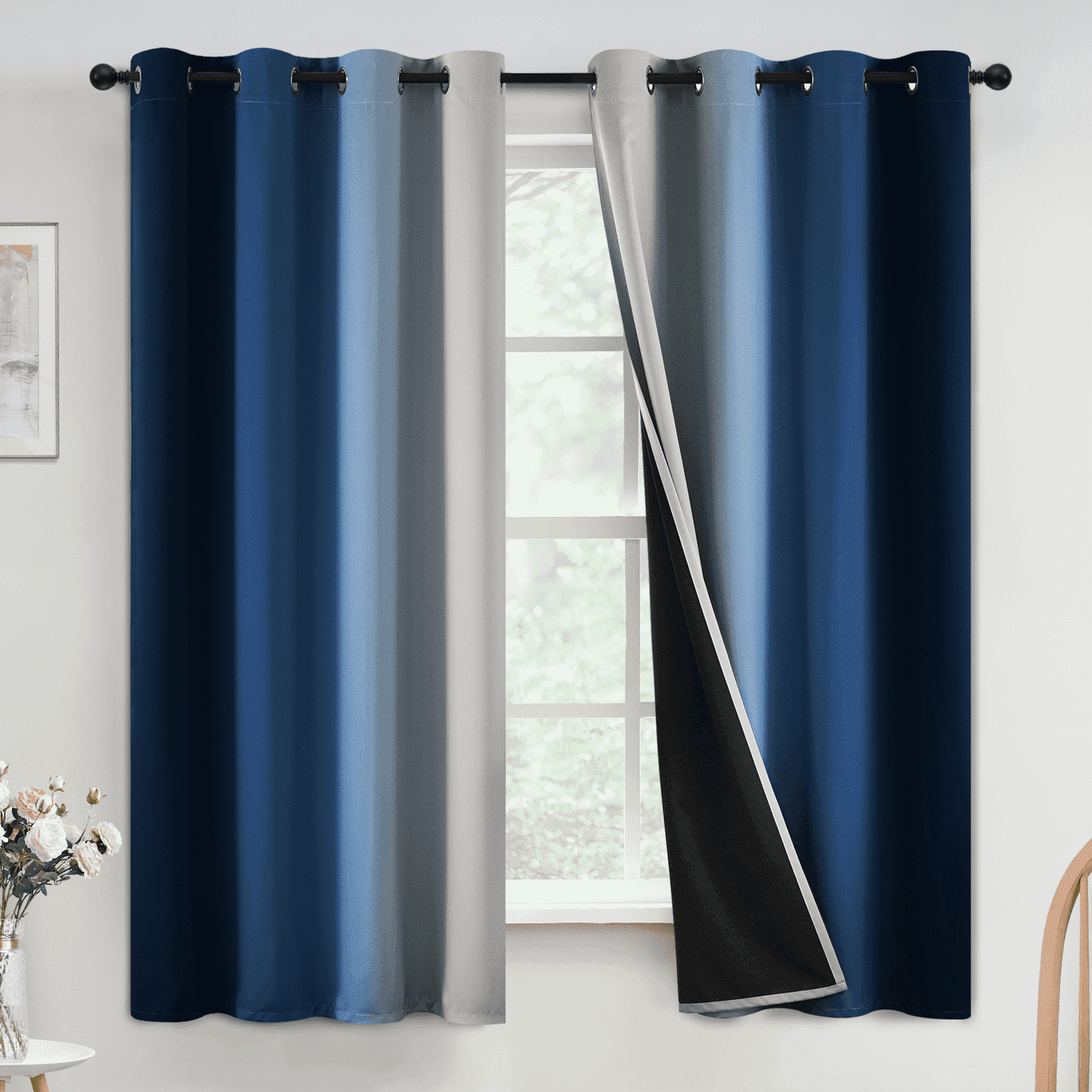 Yakamok Modern Blue Floral Ombre Grommet Blackout Curtains, 52" x 63" (2 Panels)