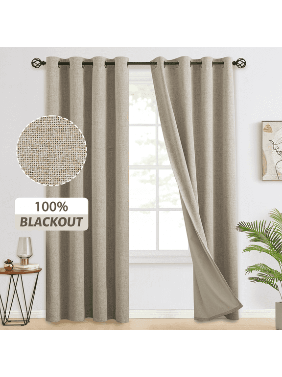 Natural Linen Curtains 100% Blackout 84 Inches Long,Room Darkening Textured Curtains for Living Room Thermal Grommet Bedroom Curtains 2 Panels with Greyish White Liner