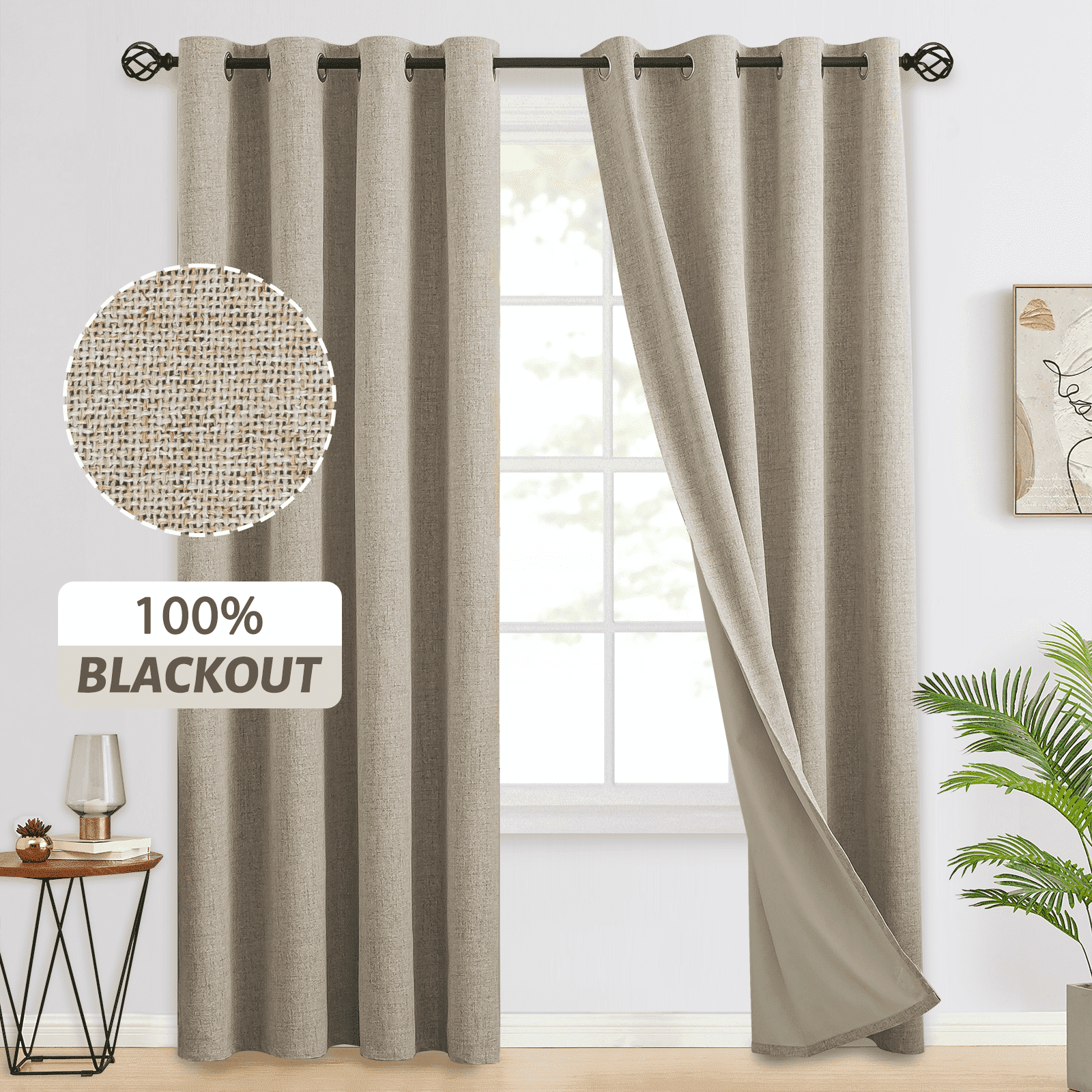 Yakamok Natural Linen Curtains 100% Blackout 96 Inches Long,Room Darkening Textured Curtains for Living Room Thermal Grommet Bedroom Curtains 2 Panels with Greyish White Liner