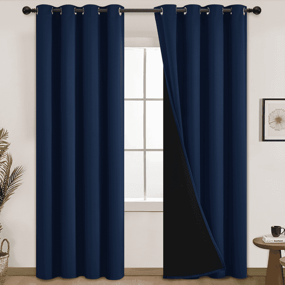 Yakamok Navy Blue 100% Blackout Curtains Energy Saving Thermal Insulated 2 Thick Layers Completely Blackout Drapes with Black Liner for Bedroom (52Wx84L, Navy Blue, 2 Panels)