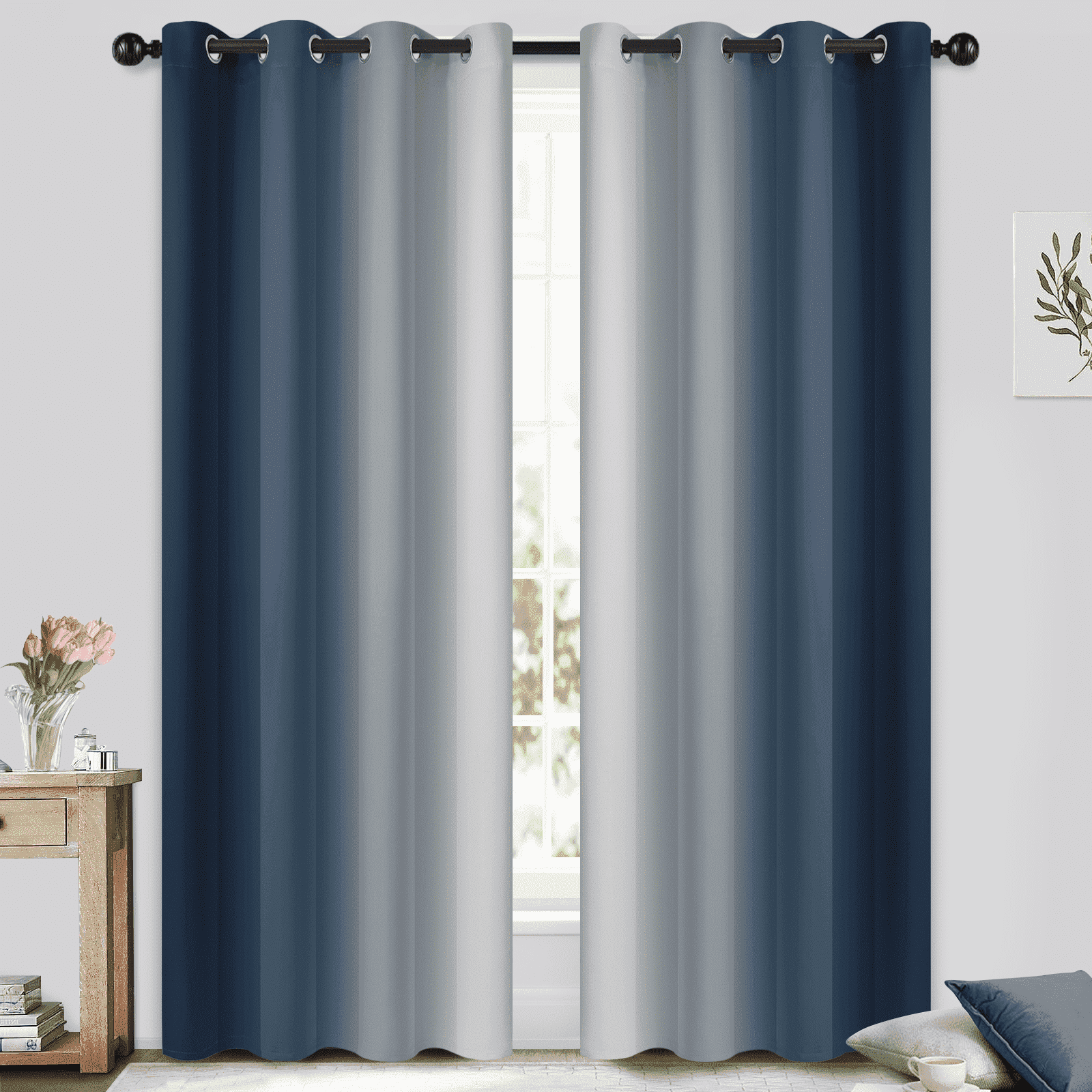 Yakamok Navy Blue Curtain for Bedroom/Living Room Blackout,Ombre Curtains Grommet Light Blocking Room Darkening Window Drapes 2 Panels,52x84 inches