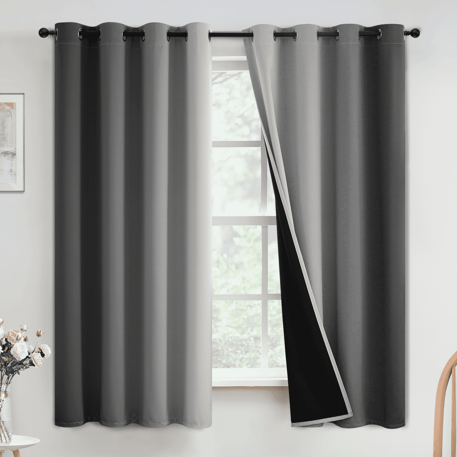 Yakamok Ombre 100% Blackout Curtains for Bedroom, Room Darkening Gradient Grey Curtains for Living Room Grommet Window Curtains 63 inches Long,2 Panels,52x63 inch