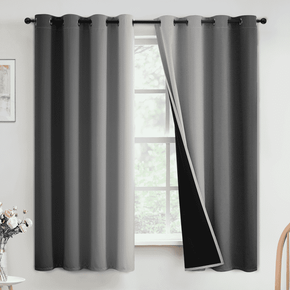 Yakamok Ombre 100% Blackout Curtains for Bedroom, Room Darkening Gradient Grey Curtains for Living Room Grommet Window Curtains 63 inches Long,2 Panels,52x63 inch