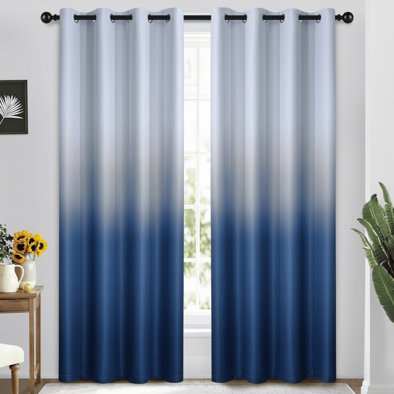 Yakamok Room Darkening Blue Ombre Blackout Curtains with Grommet Drapes for Living Room/Bedroom,2 Panels, 52x84 inches