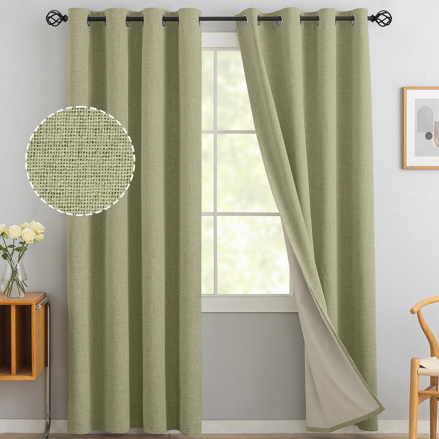 Yakamok Sage Green Linen Curtains 100% Blackout 84 Inches Long,Room Darkening Textured Curtains for Living Room Thermal Grommet Bedroom Curtains 2 Panels with Greyish White Liner