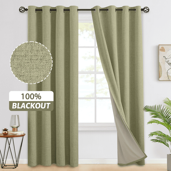 Yakamok Sage Green Linen Curtains 100% Blackout 96 Inches Long,Room Darkening Textured Curtains for Living Room Thermal Grommet Bedroom Curtains 2 Panels with Greyish White Liner
