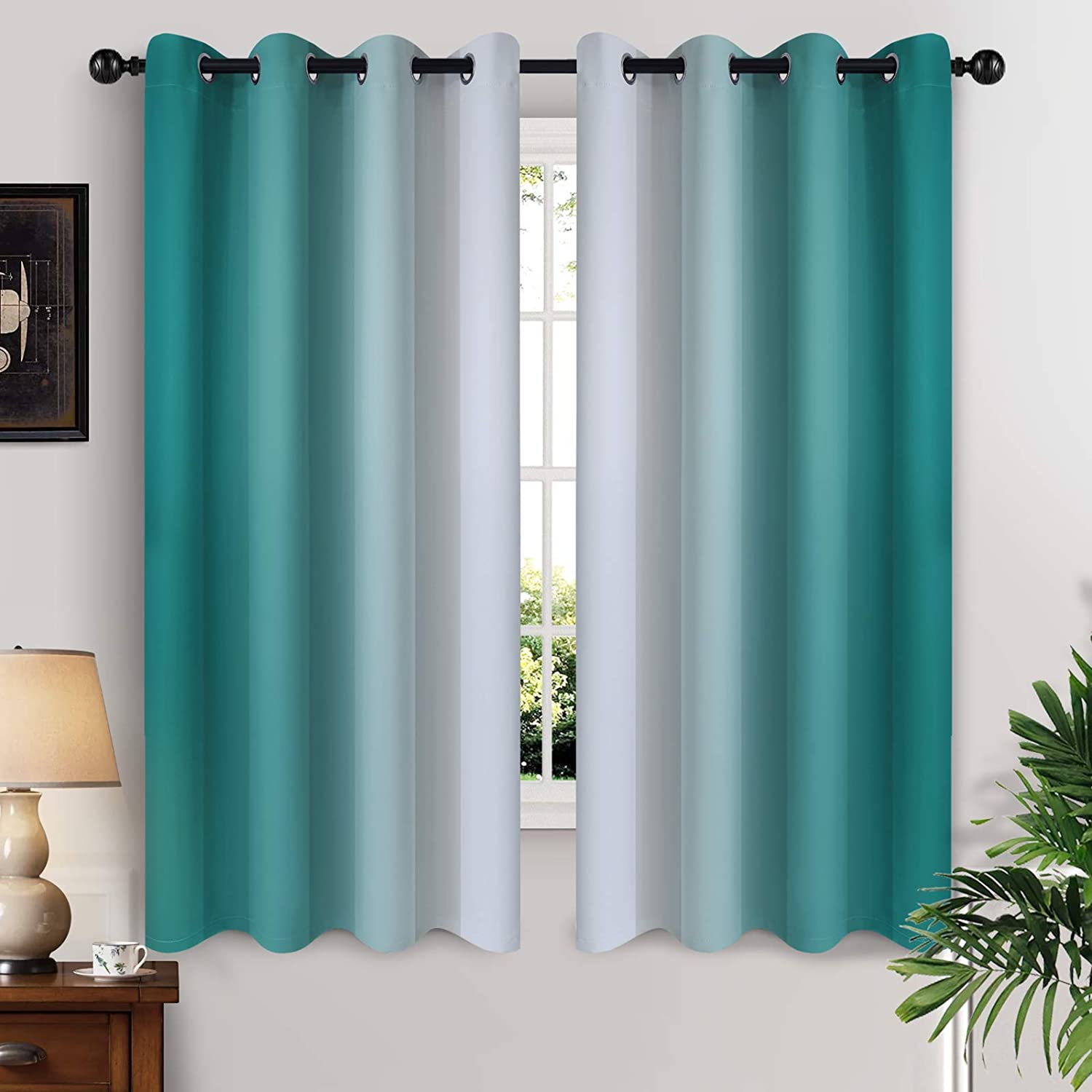 Yakamok Teal Curtain for Bedroom Blackout,Ombre Curtains Grommet