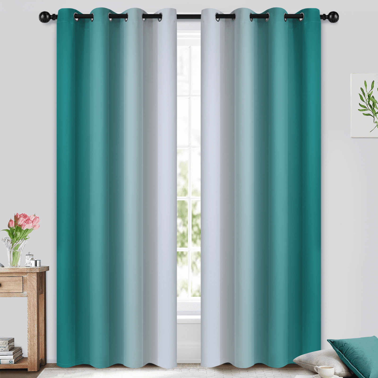 Yakamok Teal Ombre Blackout Curtains for Bedroom & Living Room, Colored ...