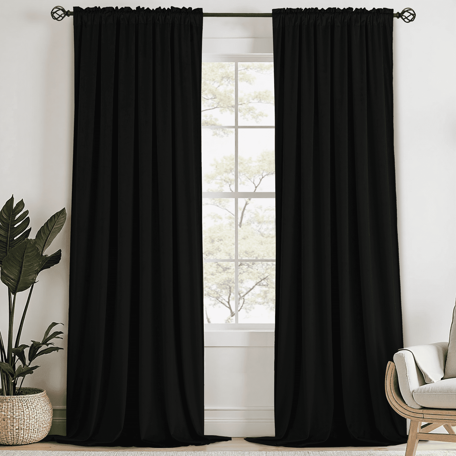 Yakamok Velvet Curtains 90 inches 2 Panels - Luxury Room Darkening Black Curtains for Bedroom Living Room Thermal Insulated Super Window Drapes Rod Pocket, W52 x L90 inches