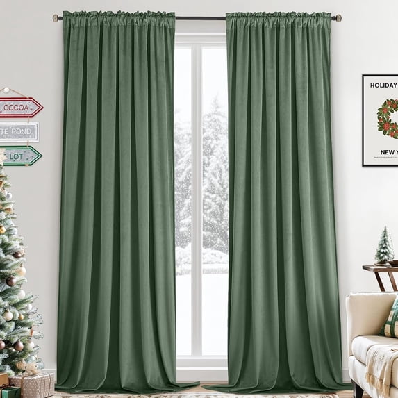 Yakamok Velvet Curtains 84 inches 2 Panels - Luxury Room Darkening Sage Green Curtains for Bedroom Living Room Thermal Insulated Super Window Drapes Rod Pocket, W52 x L84 inches