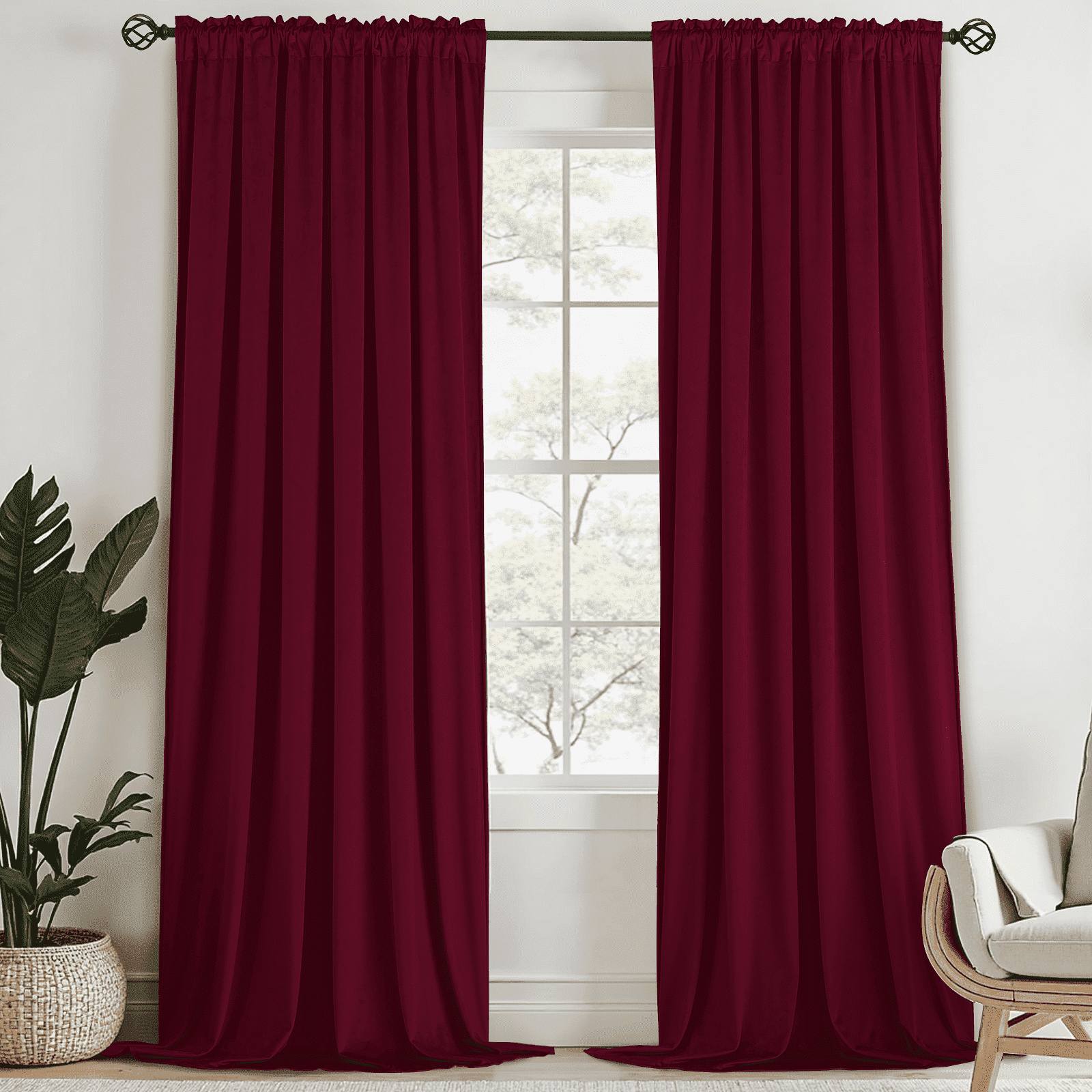 Yakamok Velvet Curtains 96 inches 2 Panels - Luxury Room Darkening Wine Red Curtains for Bedroom Living Room Thermal Insulated Super Soft Window Drapes Rod Pocket, W52 x L96 inches