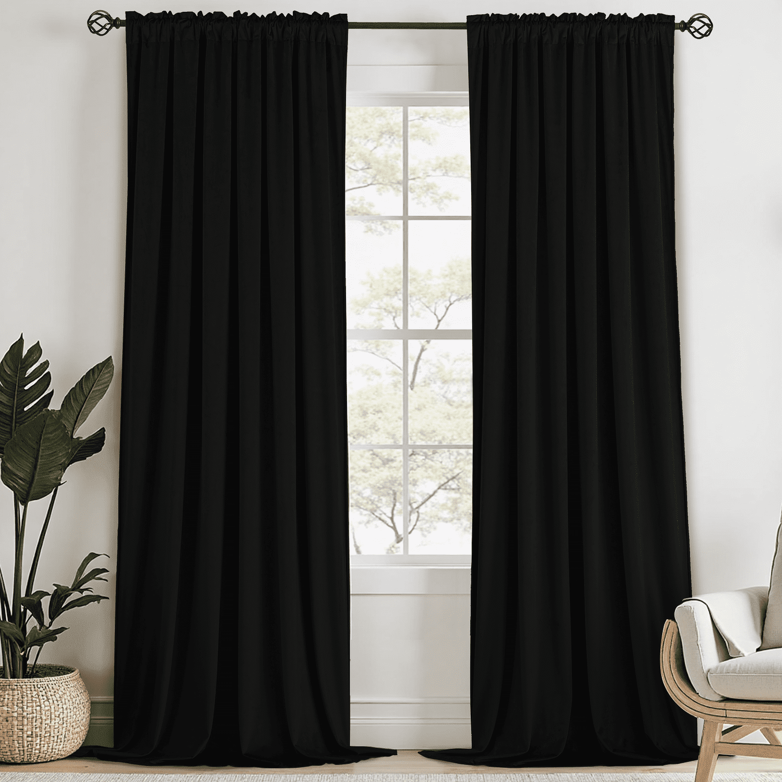 Yakamok Velvet Curtains 84inches Long - Retro Black Thermal Insulated Light Blocking Window Drapes for Living Room, Privacy Protect Room Dividers for Bedroom, W52 x L84, 2 Panels Rod Pocket
