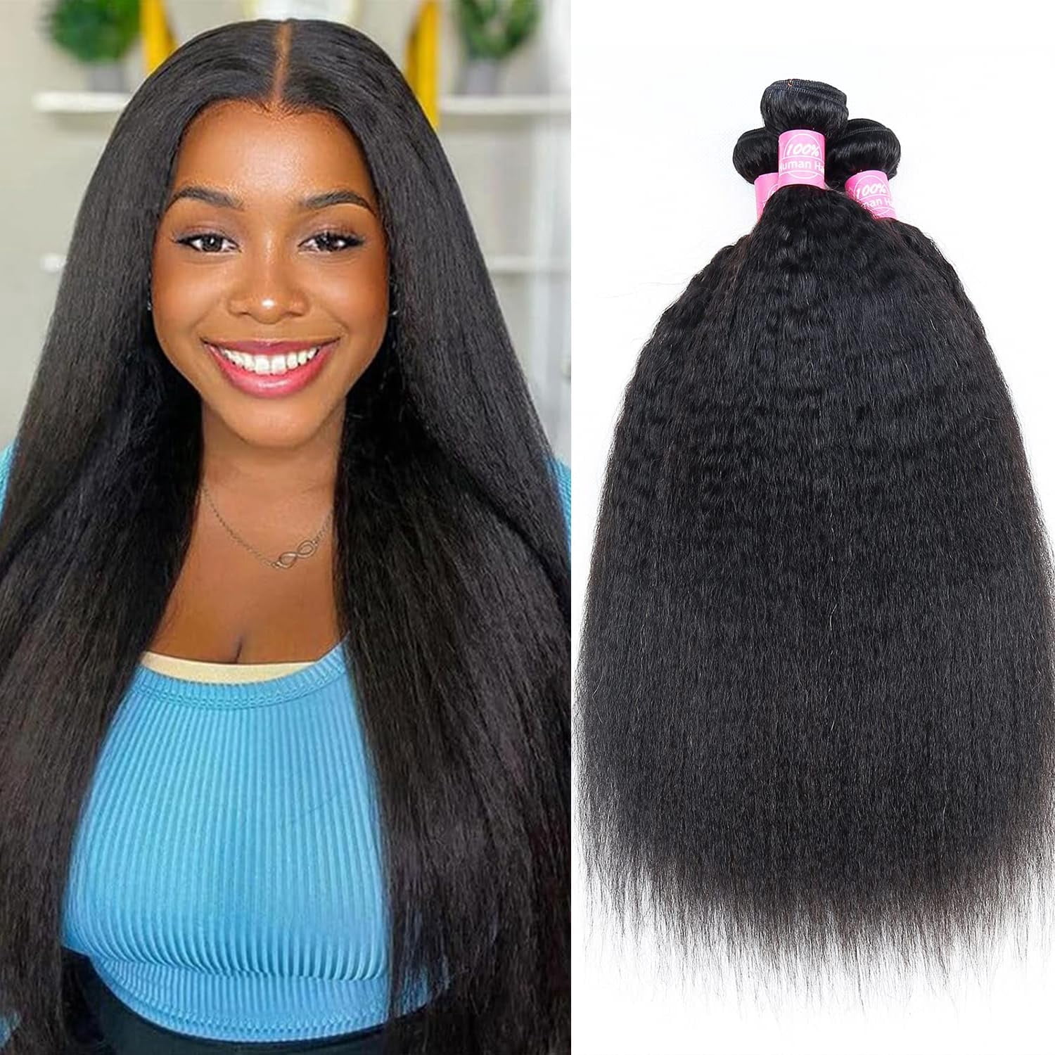 Yaki Straight Human Hair Bundles for Black Women 3Bundles Brazilian Unprocessed Virgin Bundles Human Hair Extensions Wet and Wavy Bundles Human Hair,No Shedding,No Tangle, Enough to Full Head